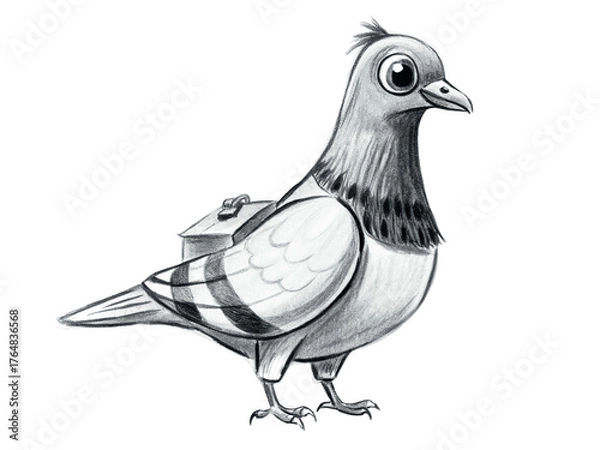Fototapeta Pencil drawing of a pigeon carrying a package isolated on transparent background