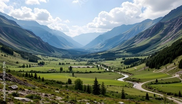 Fototapeta Vast Green Valley Surrounded by Majestic Mountains Under a Bright Blue Sky with Fluffy Clouds