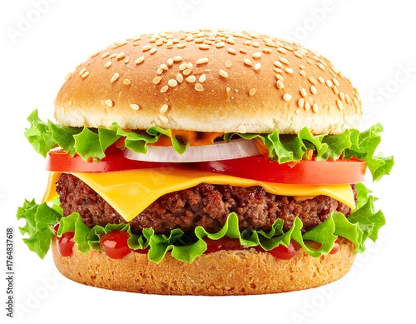 Obraz A tasty burger with lettuce, cheese, tomato, onion, and a sesame seed bun on a black background