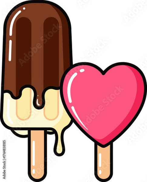 Fototapeta Chocolate ice cream bar and pink heart popsicle dripping vector