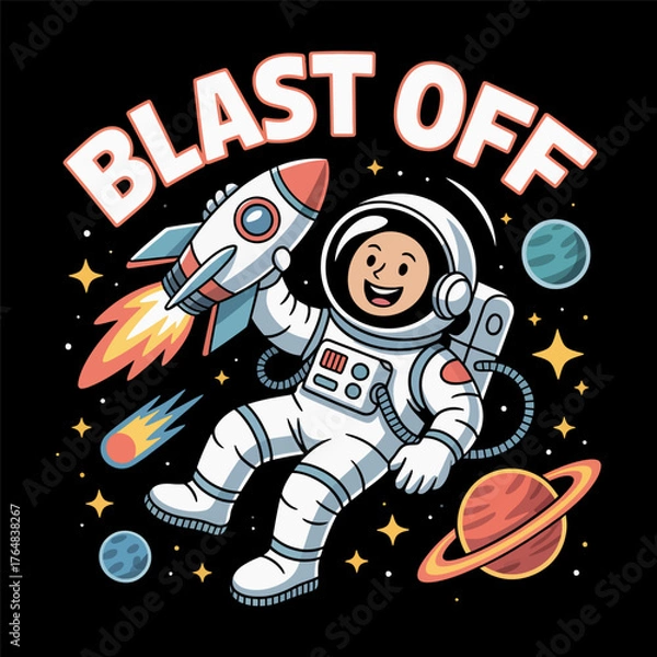 Fototapeta Cheerful astronaut floating in space holding a rocket with planets and stars blast off 1
