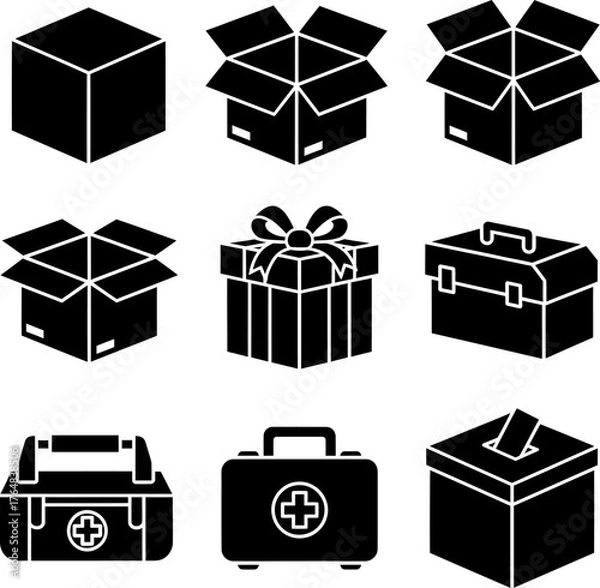 Fototapeta Collection of nine black and white vector icons depicting various boxes and containers