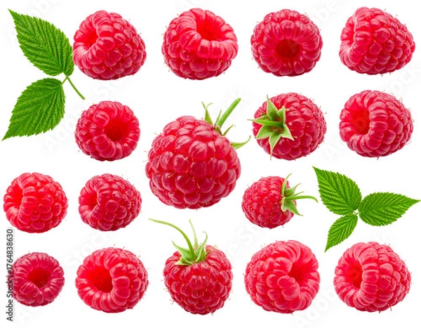Fototapeta Collection of bright, ripe raspberries, some with leaves, against a stark black background