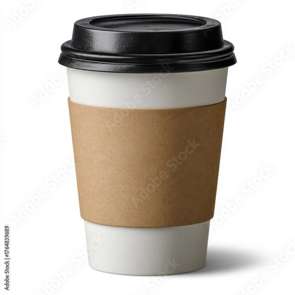 Obraz Disposable paper coffee cup with black lid and brown cardboard sleeve isolated on white background