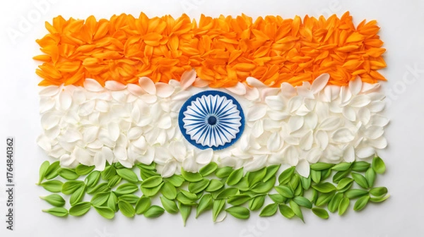 Fototapeta Indian flag made of flower petals isolated on white background