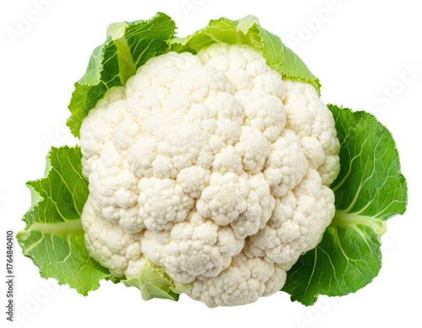 Fototapeta  Whole Fresh White Cauliflower with Crisp Green Leaves, Front View, isolated on transparent background