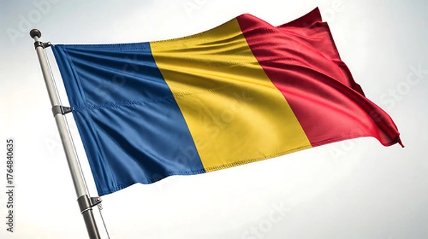 Obraz Waving flag of romania against a bright sky on a metal pole