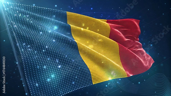 Fototapeta Digital rendering of the flag of romania waving on dark background