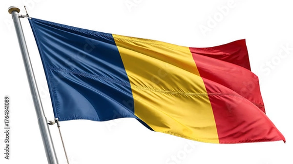 Fototapeta Waving romanian flag against a white background on flagpole