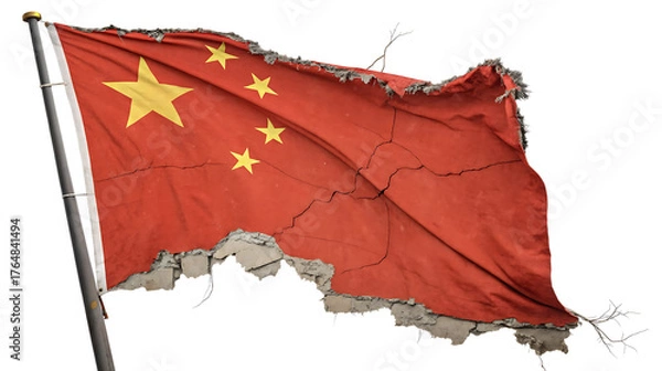 Obraz Worn and cracked chinese flag isolated on white background
