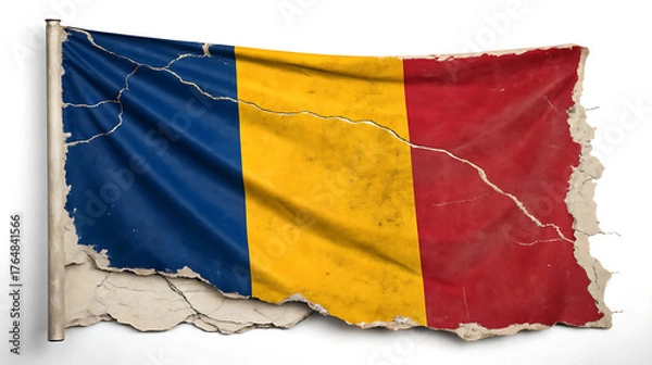 Fototapeta Worn and cracked romanian flag isolated on white background