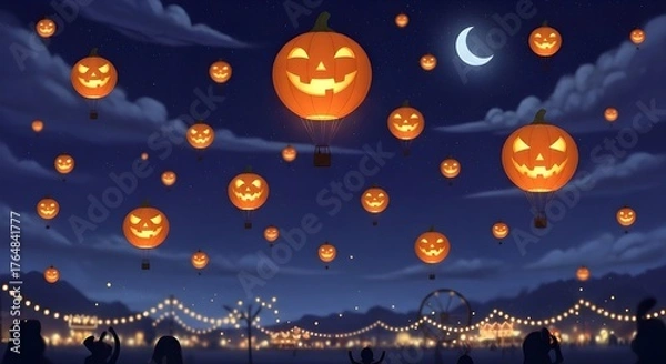 Fototapeta Spooky Halloween Night Festival with Glowing Jack-o'-Lantern Sky Lanterns and a Crescent Moon Over a Festive Town