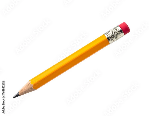 Obraz A yellow wooden pencil with a pink eraser on a black background, angled diagonally across the frame