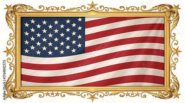 Fototapeta American flag in ornate gold frame isolated on white background
