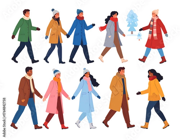 Fototapeta Colorful group of people in winter coats walking, some holding hands, with a small stylized blue tree