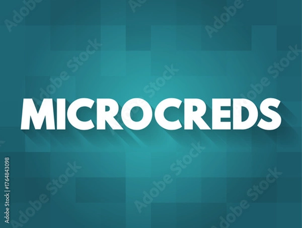Fototapeta MICROCREDS text in bold capital letters on background. Concept for microcredentials, education, online learning, skills recognition, and digital certification