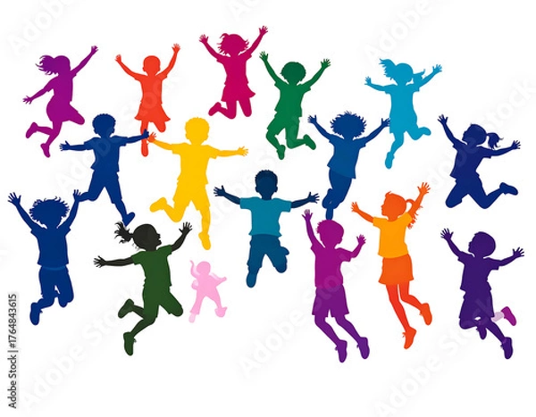 Fototapeta Colorful silhouettes of children jumping with joy on a black background, expressing freedom and celebration