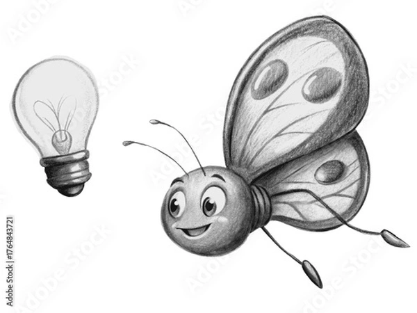 Fototapeta Cute butterfly character with light bulb isolated on transparent background illustration