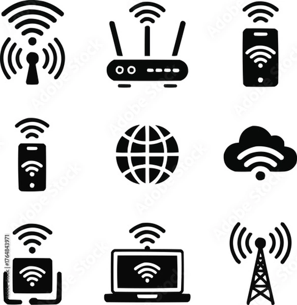 Fototapeta Black Wi-Fi Network Icons Set  Wireless Signal and Internet Connection Symbols