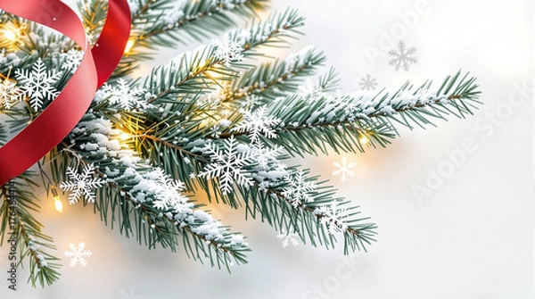 Fototapeta Snow-covered pine branches with red ribbon and fairy lights  