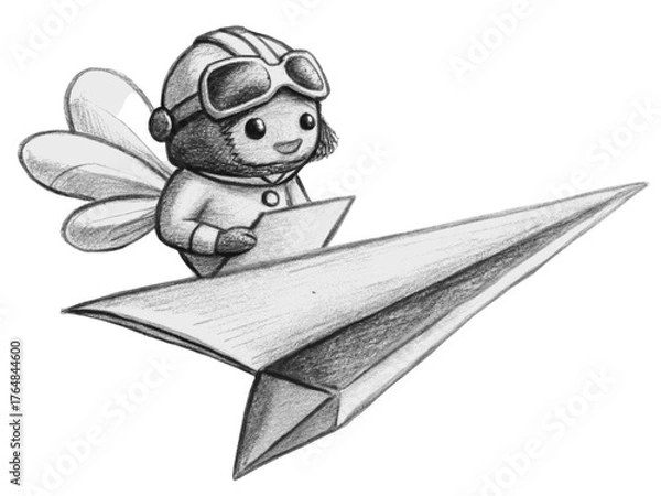 Fototapeta Cute fairy pilot flying a paper airplane isolated on transparent background in pencil style