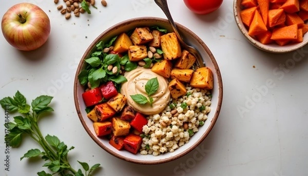 Fototapeta Delicious Healthy Bowl with Roasted Vegetables Quinoa and Pastry Cream Garnished with Fresh Herbs