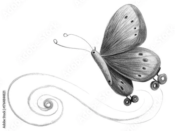 Fototapeta Hand drawn butterfly with wheels isolated on transparent background flying with swirl