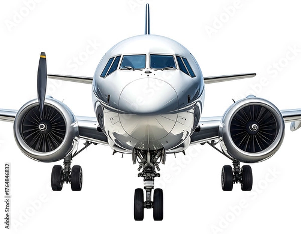 Obraz Aircraft facing front, shiny silver, with detailed engines and cockpit view, isolated on solid black background