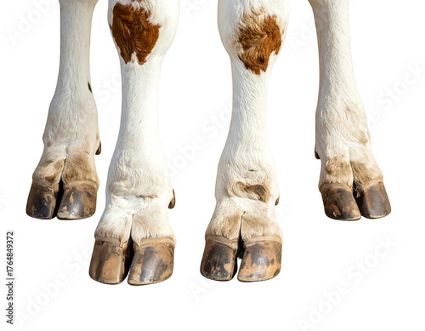 Fototapeta Cropped view lower legs and hooves, white with brown spots, standing on undefined surface, against black background