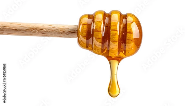 Obraz A wooden dipper holds and drips golden honey against a stark black backdrop