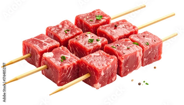 Obraz Raw, cubed red meat threaded onto wooden skewers, ready for grilling. Pepper. Herbs sprinkled