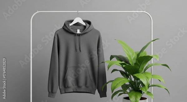 Fototapeta Stylish Dark Grey Hoodie Mockup Displayed on a Modern Clothing Rack, Perfect for Custom Apparel Designs, Product Branding, and Fashion Collections in a Minimalist Setting
