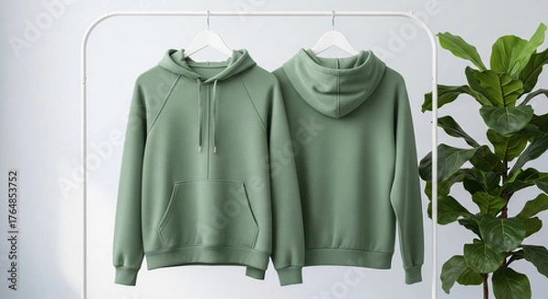 Fototapeta Blank sage green hoodie mockup showing front and back views. Unisex hooded sweatshirt hanging on a rack for apparel design template