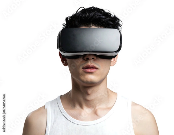Fototapeta Man in white tank top wearing VR headset against black background, gazing directly forward in isolation