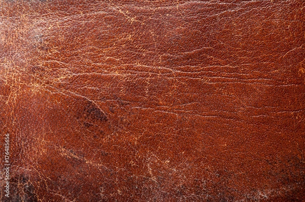 Fototapeta Old shabby brown leather fragment, abstract texture