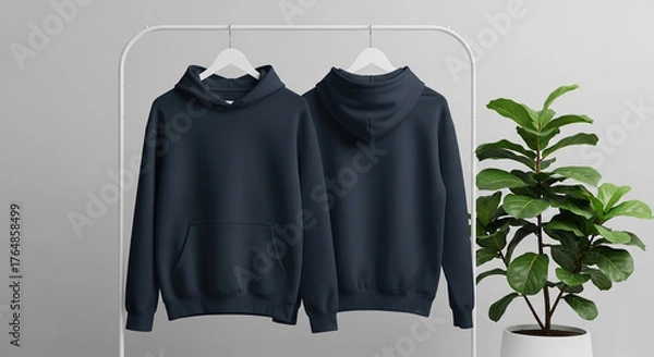 Fototapeta Front and back view of a blank dark blue hoodie mockup hanging on a clothing rack. Plain sweatshirt apparel template for design presentation