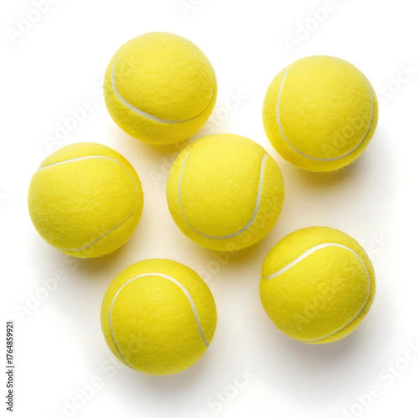 Fototapeta A top down view of six yellow tennis balls arranged on a plain white surface in a studio setting