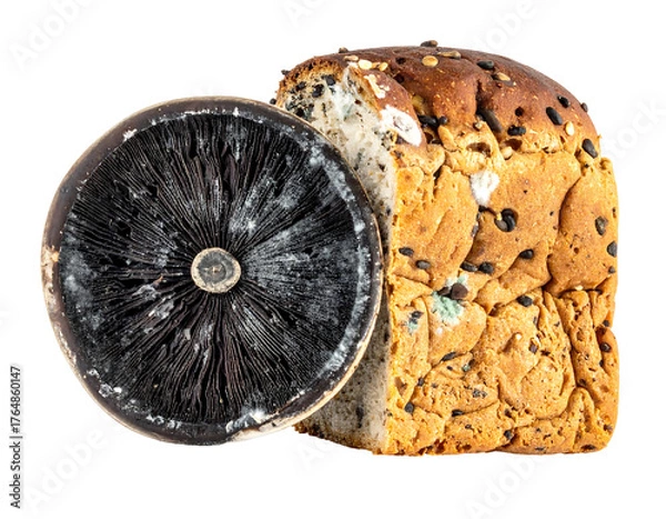 Fototapeta Moldy loaf, cross-sectioned mushroom. Decomposing food shows decay on crusty bread and gills on a fungus
