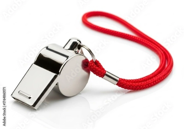 Fototapeta A shiny metal referee whistle with a bright red lanyard on a white background