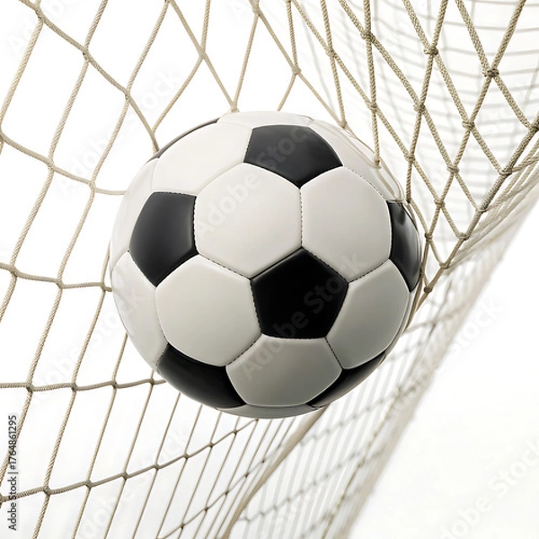 Fototapeta A soccer ball with black and white panels caught in a net against a plain white background studio shot