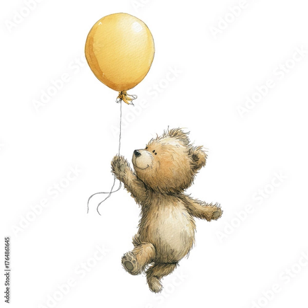 Obraz Charming Watercolor Illustration of a Baby Bear Flying with a Balloon in a Delightful Scene