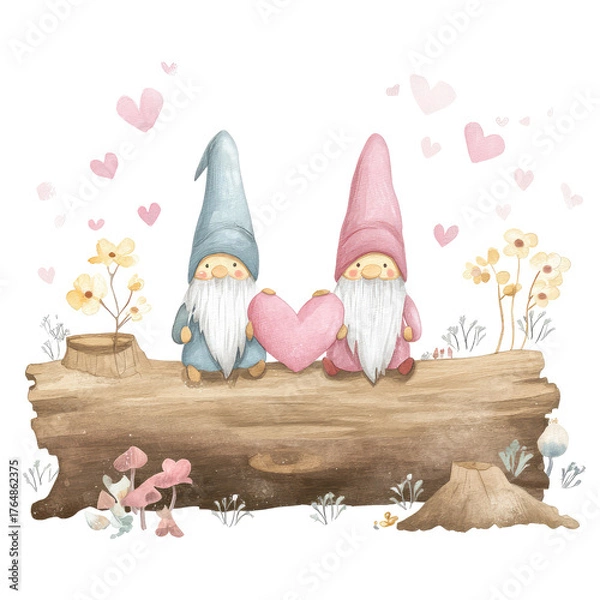 Fototapeta Charming Gnomes Sitting on Log, Each Holding a Heart, Surrounded by Flowers and Hearts in a Whimsical Scene