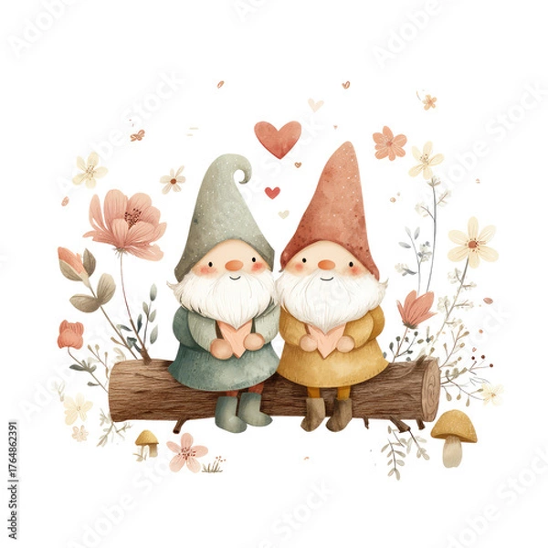 Fototapeta Whimsical Gnomes Sitting on a Log, Each Holding a Heart Surrounded by Flowers in a Charming Playful Scene