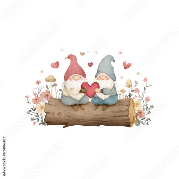 Fototapeta Adorable Gnomes Sitting on Log, Each Holding a Heart Surrounded by Flowers and Mushrooms in a Whimsical Design