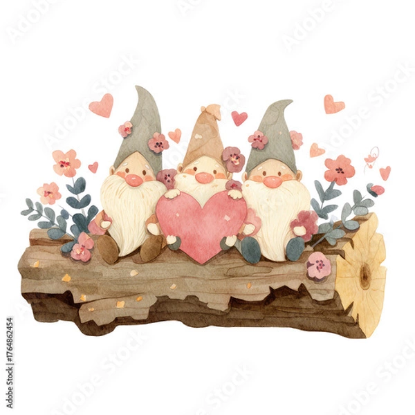 Obraz Three Charming Gnomes Sitting on a Log Holding a Heart Surrounded by Flowers and Hearts