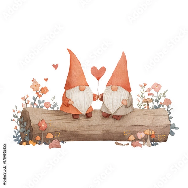 Fototapeta Two Adorable Gnomes Sitting on a Log, Each Holding a Heart in a Charming Woodland Setting