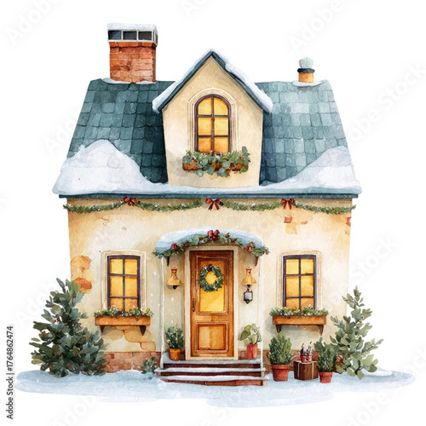 Obraz Cute Christmas Decorated House with Snow, Wreath, and Festive Touches for Holiday Cheer