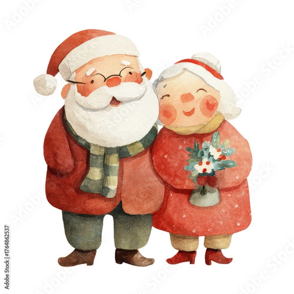 Fototapeta Cute Watercolor Santa and Mrs. Claus Embracing with Holiday Cheer in Festive Christmas Scene for Clipart Use