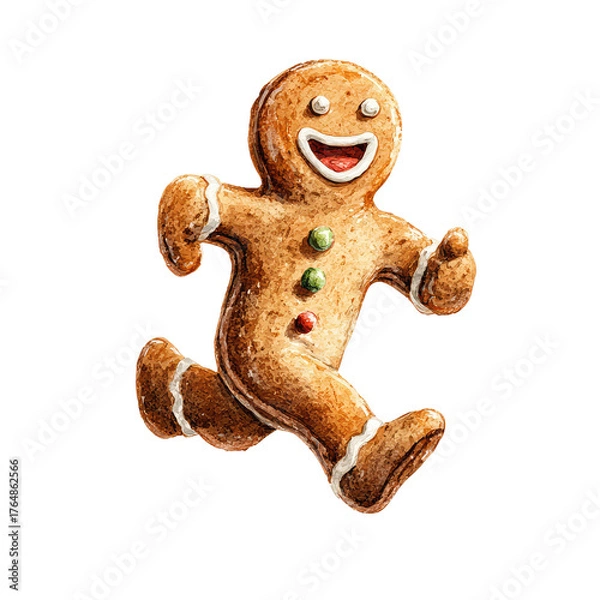 Fototapeta Playful Gingerbread Man Running in a Whimsical Watercolor Style for Enchanting Fairy Tale Illustrations