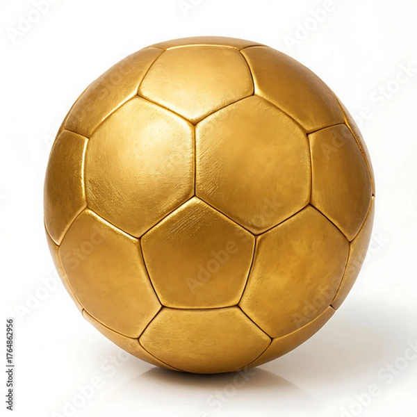 Fototapeta A shiny golden soccer ball with pentagonal and hexagonal panels on a white background in a studio shot
